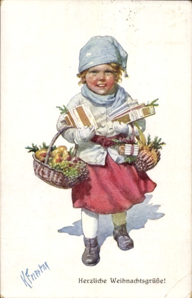 Kunstenaar Ak vakantie, Karl, gefeliciteerd Nieuwjaar, meisje met cadeaus, manden, fruit