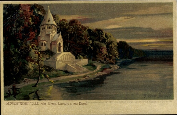 Kunstenaar litho Diemer, Zeno, Starnberger See Opper-Beieren, Koning Ludwig II-herdenkingskapel