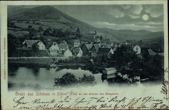Moonlight PC Schönau in the Palatinate Forest, place with surroundings, pond, on the border of the Wasgau