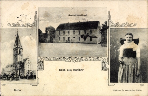Ak Radibor in Sachsen, Kirche, Gasthof zum Engel, Mädchen in wendischer Tracht