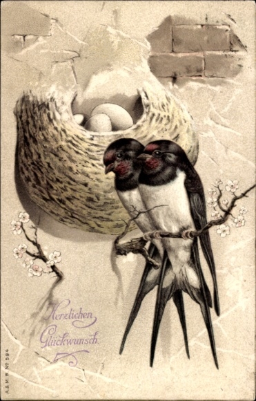 PC pair of swallows, nest with eggs, hearts