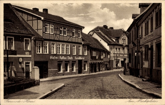 Postcard Wernigerode in the Harz Mountains, Classical Architecture, Cobblestone Street, Hotel Kaffee Dietz, Cond