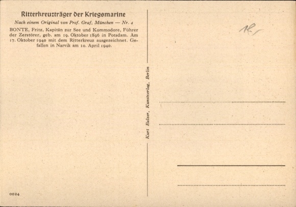 Artist Postcard Graf, Captain Fritz Bonte, Knight's Cross recipient of the Kriegsmarine, portrait
