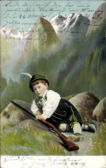 Postcard little hunter boy in traditional costume with rifle
