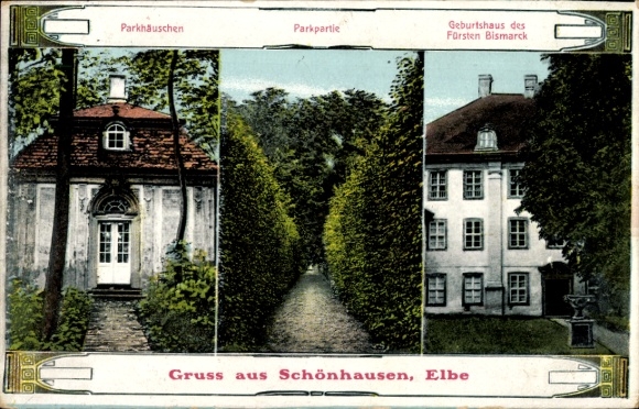 Postcard Schönhausen an der Elbe, parking house, park, birthplace of Prince Bismarck
