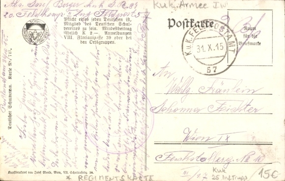 Regimental Artist Postcard Austrian Soldier, German School Association, KuK 25th Infantry Division