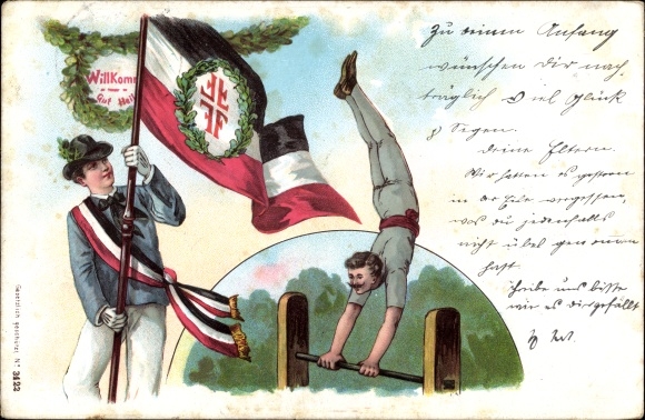 Chromo-Litho Gut Heil, gymnast on parallel bars, gymnastics club