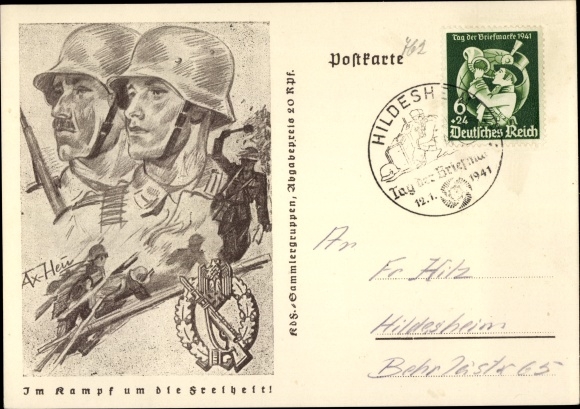 Postal stationery artist PC v. Axster Heudtlaß, W., In the fight for freedom, Wehrmacht, hand grenade