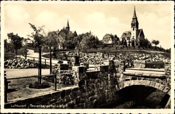 Postcard Tannenbergsthal in Vogtland, church, bridge