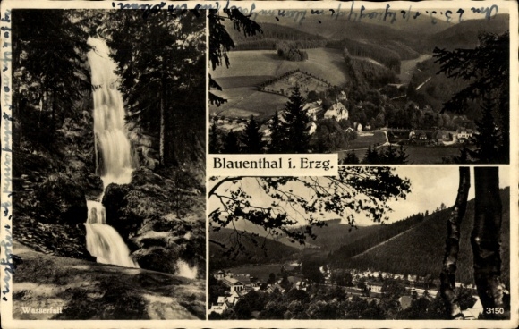 Postcard Blauenthal Eibenstock in the Ore Mountains, panorama, waterfall