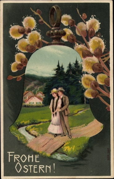 Präge Ak Glückwunsch Ostern, Weidenkätzchen, Glocke, Paar
