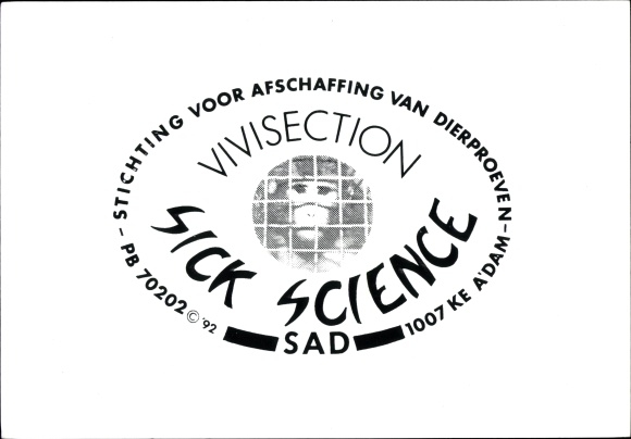 Postcard SAD, Foundation for the Elimination of Animal Testing, Amsterdam