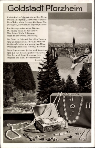 Postcard Pforzheim in the Black Forest, Goldstadt, jewellery, poem