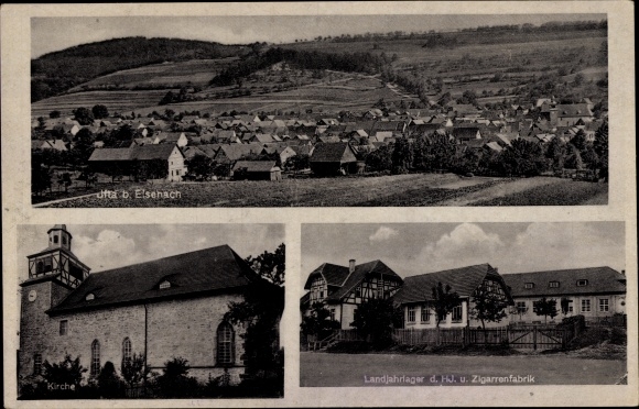 Ak Ifta Treffurt an der Werra, Landjahrlager der HJ und Zigarrenfabrik, Kirche, Totalansicht