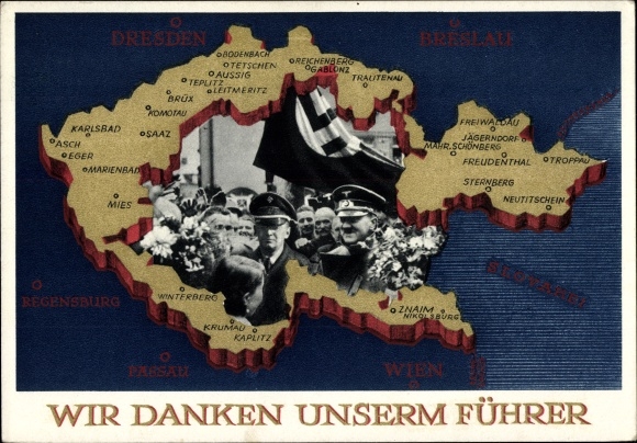 Maps postal stationery PC We thank our leader, Sudetenland, Bohemia, Moravia, Sudeten, Hitler