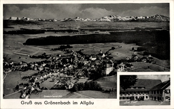 Postcard Bad Grönenbach in Allgäu, aerial photograph, Gasthof Zur Post