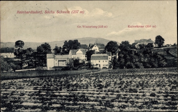 Ansichtkaart Reinhardtsdorf Schöna Saksisch Zwitserland, panorama, maat. Winterberg, Kaiserkrone