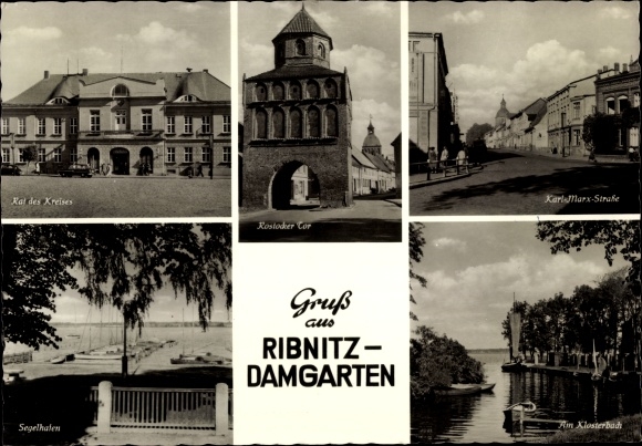 Ak Ribnitz Damgarten, Rostocker Tor, districtsraad, zeilhaven, Karl Marx Straße, Klosterbach