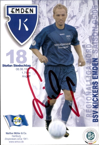 Karta autografu piłkarza Stefana Siedschlaga, BSV Kickers Emden, autograf