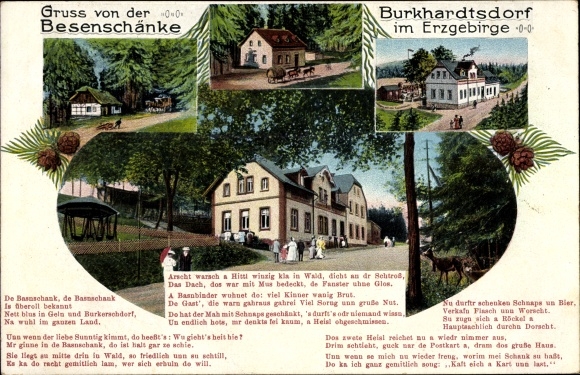 Postcard Burkhardtsdorf in the Ore Mountains, greetings from the broom tavern, poem
