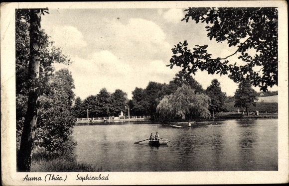 Ak Auma Weidatal in Thüringen, Partie am Sophienbad, Ruderboot