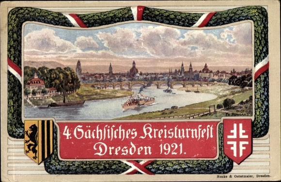 Artist coat of arms PC Dresden, 4th Saxon district gymnastics festival 1921, city view from the small forest castle