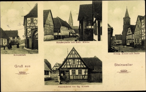 Postcard Steinweiler in Rhineland-Palatinate, confectionery, churches, Kreuzstrasse