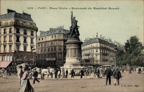 Ansichtkaart Parijs XVII., Place Clichy, Marechal Moncey-monument, Belle Jardiniere