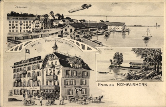 lito Romanshorn Canton Thurgau, port, Zeppelin, Hotel Pension Schiff, wysepka