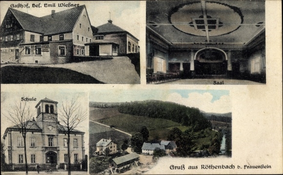 Ak Röthenbach Pretzschendorf Klingenberg w Rudawach Wschodnich, zajazd, widok wnętrza, szkoła, ujęcie z daleka