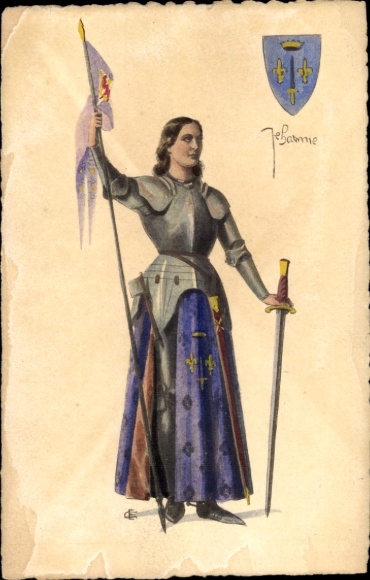 Coat of arms Postcard woman in knight's armor