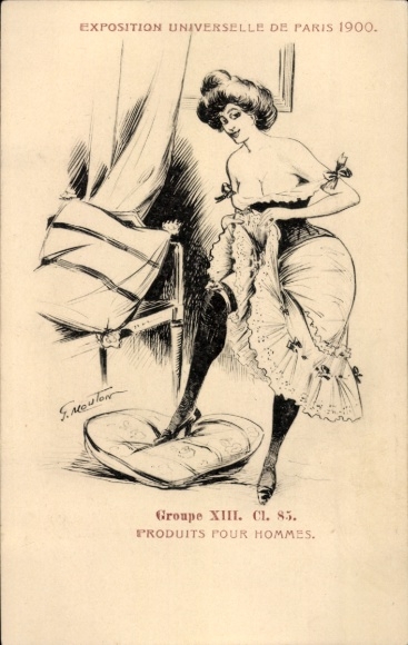 Artist Postcard Mouton, Exposition Universelle de Paris 1900, Produits pour Hommes, woman in a corset