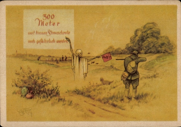 Artist Postcard Geilfus, H., hunting accident, 300 meters away scattered shot can still be dangerous, death