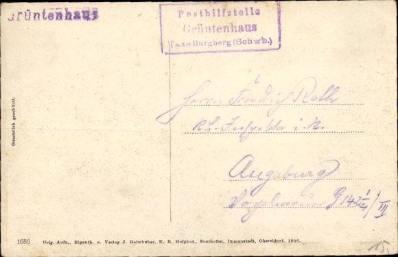 Postcard stamp postal assistance point Grüntenhaus tax Burgberg (Schweb.)