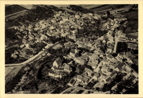 Postcard Burggrumbach Unterpleichfeld in Lower Franconia, aerial photograph