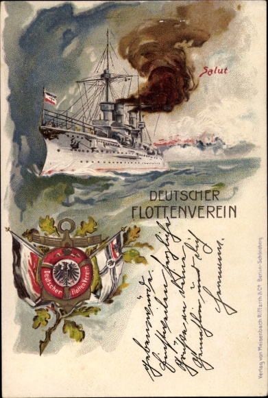 Chromo-Litho of the German fleet association, German warship, salute, flags, Imperial Navy
