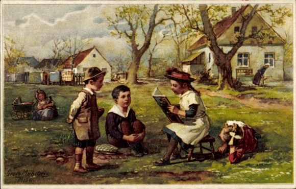 Artist Postcard Mühlberg, G., Girl reading a story, Children