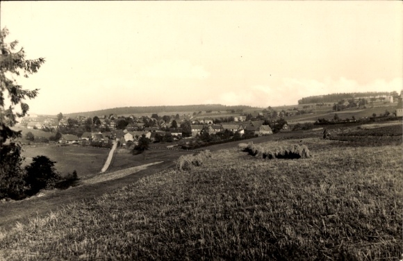 Postcard Thuringian Forest, Hohe Möst, landscape photograph, hills, pastureland, houses, trees