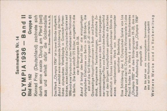 Collector's card Olympia 1936, Konrad Frey on horseback
