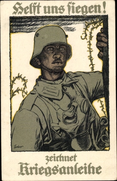 Künstler Ak Erler, Helft uns siegen, zeichnet Kriegsanleihe, Soldat in Stahlhelm mit Gasmaske, I. WK