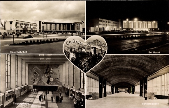 Ak Heidelberg am Neckar, Hauptbahnhof, Bei Nacht, Eingangshalle, Bahnsteighalle, Schloss