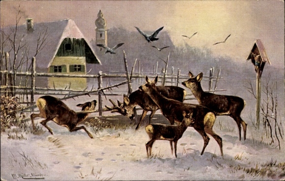Artist Postcard Müller, M., Deer caught in wooden fence, winter scene, wayside cross