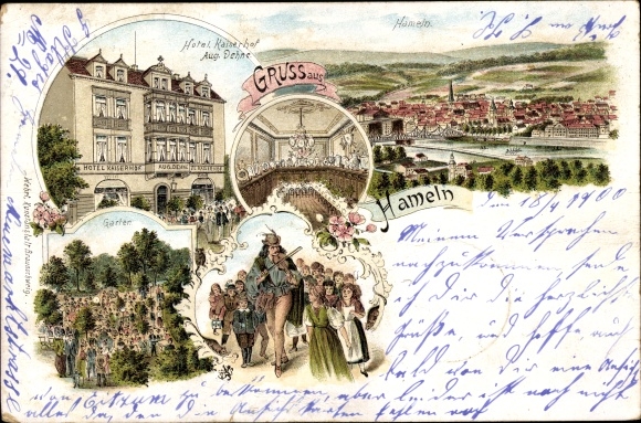 litho Hamelen in Nedersaksen, Hotel Kaiserhof, Rattenvanger, uitzicht op de stad