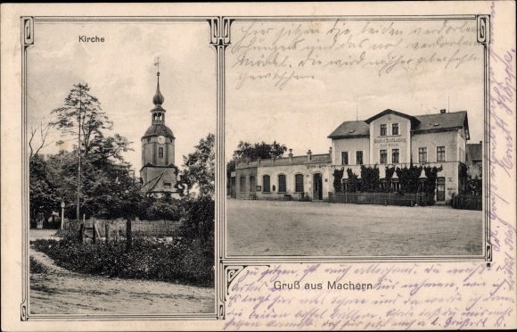 Postcard Machern in Saxony, church, inn