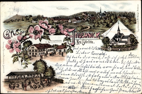 litho Jauernick Buschbach Markersdorf Oberlausitz, panorama, kerk, herberg