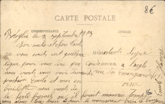 Postcard Broglie Eure, house in the foreground, street view, trees, rural surroundings, houses