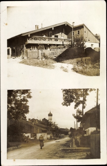 Photo PC Sauerlach in Bavaria, street section in town, church tower