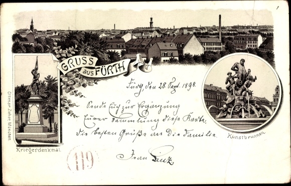 litho Fürth in Midden-Franken Beieren, oorlogsmonument, kunstfontein