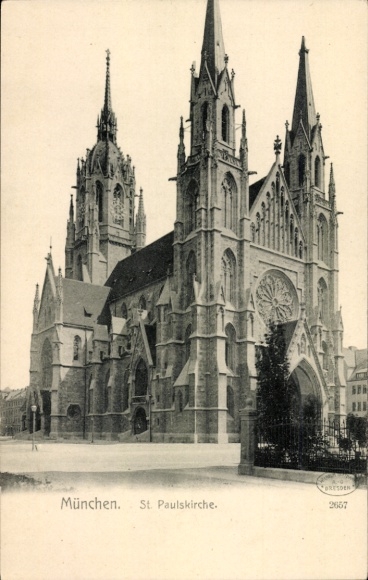 Ak München, Englischer Garten, Kleinhesseloher See, St. Paulskirche, gotische Architektur, hohe T