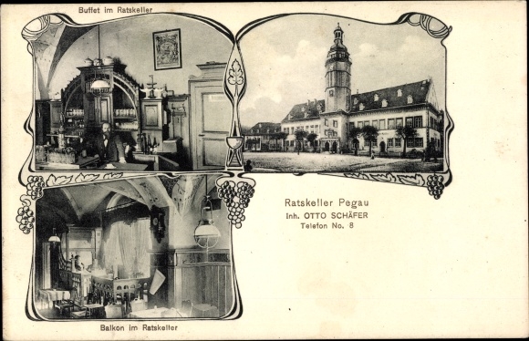 Postcard Pegau in Saxony, town hall, Ratskeller, buffet, balcony